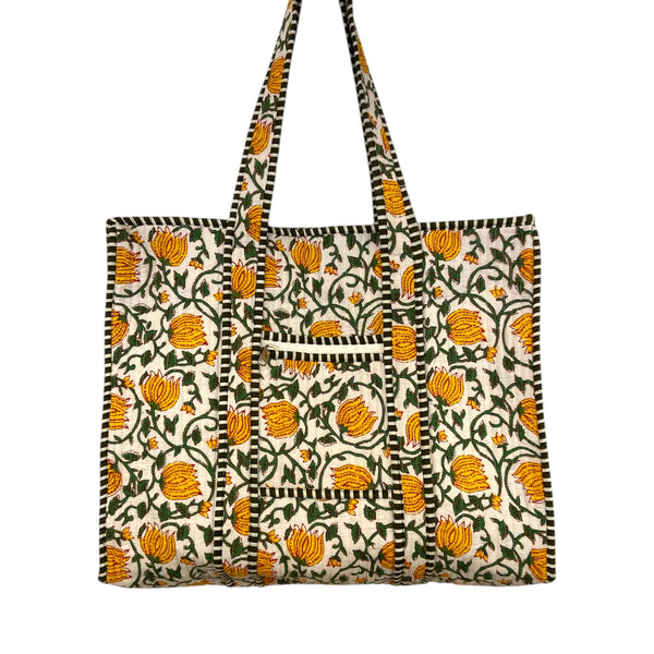 Vani Kantha Tote Bag With Zipper Yellow Floral