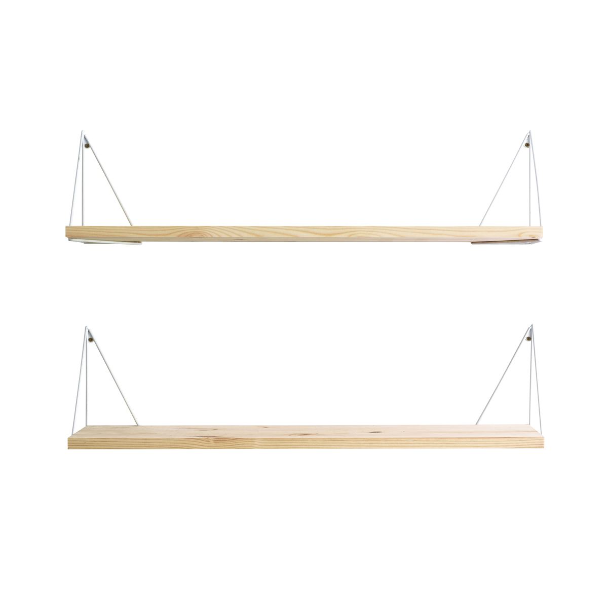 Set of two wood shelves and four white brackets.