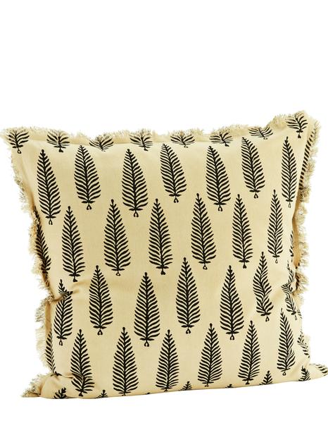 Little Black Leaf on Cream Fringed Cushion