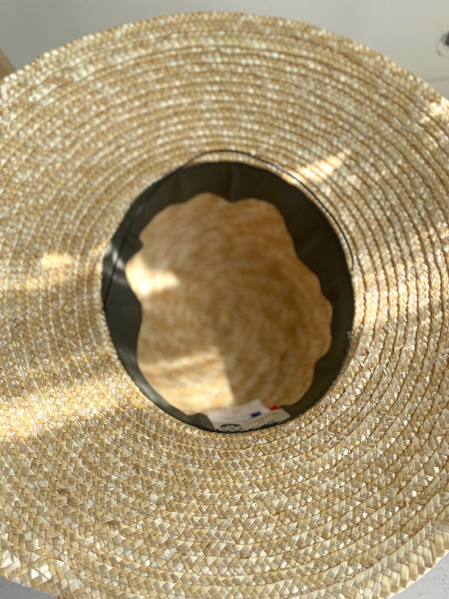 Pompon Bazar Straw Hat with Khaki Green Ribbon "Maryse"