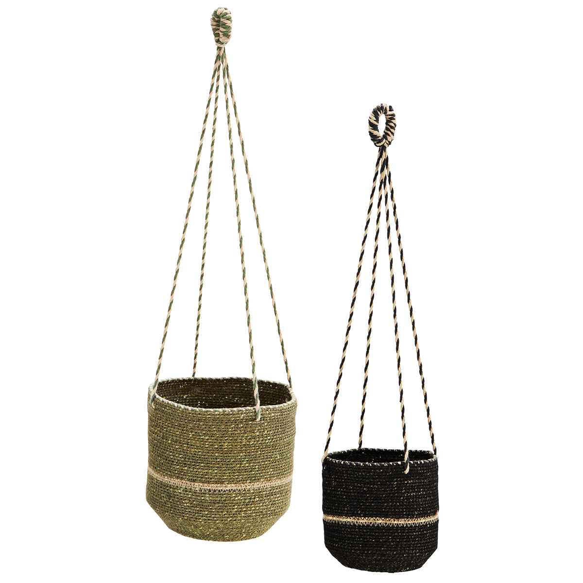Set of 2 Olive Black and Natural Hanging Seagrass Baskets