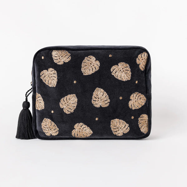 Gold Jungle Leaf Wash Bag - Charcoal