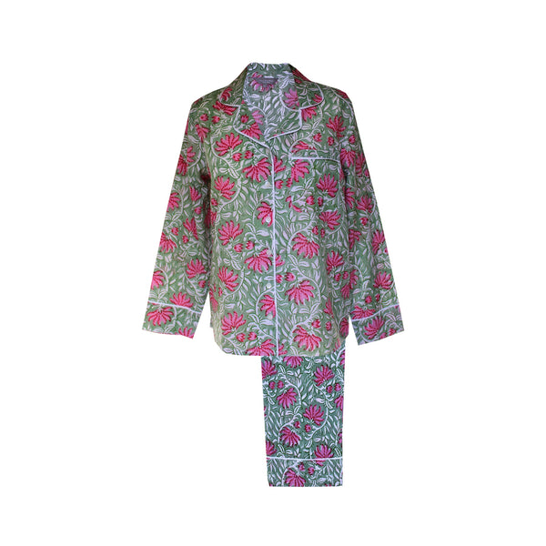 Pink And Green Floral Cotton Block Printed Pyjamas