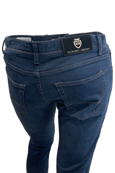 Jean extensible slim coton bleu foncé et lin