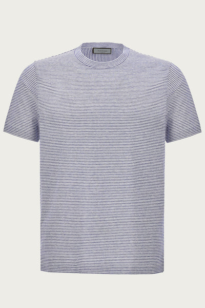 Blue and White Striped Cotton and Linen T-Shirt T0003-mj02041-300