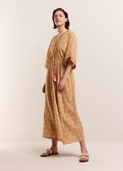 Kimono Dress With Shimmering Piping - Soft Camel